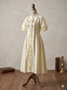 NWT Cream Embroidered Button-Front Midi Dress